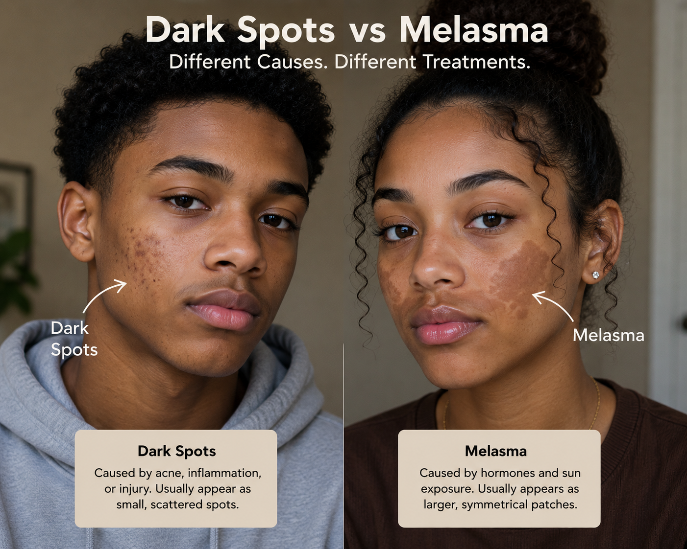 Woman showing melasma and dark spots on facial skin