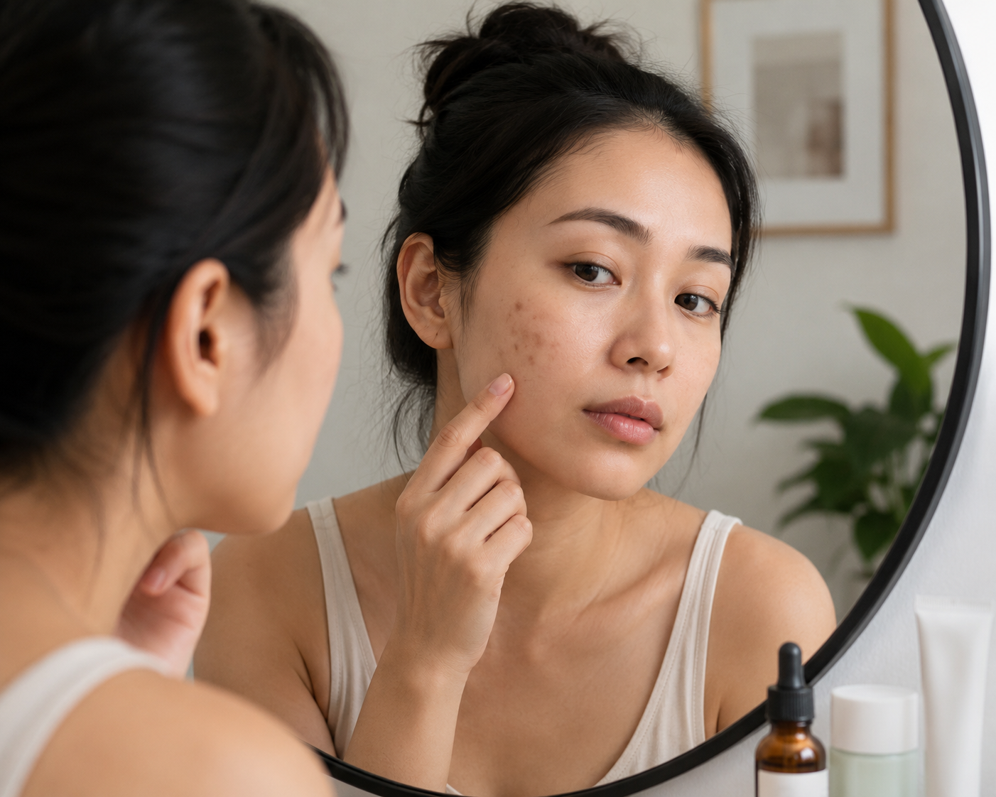 Person checking fading dark spots in the mirror