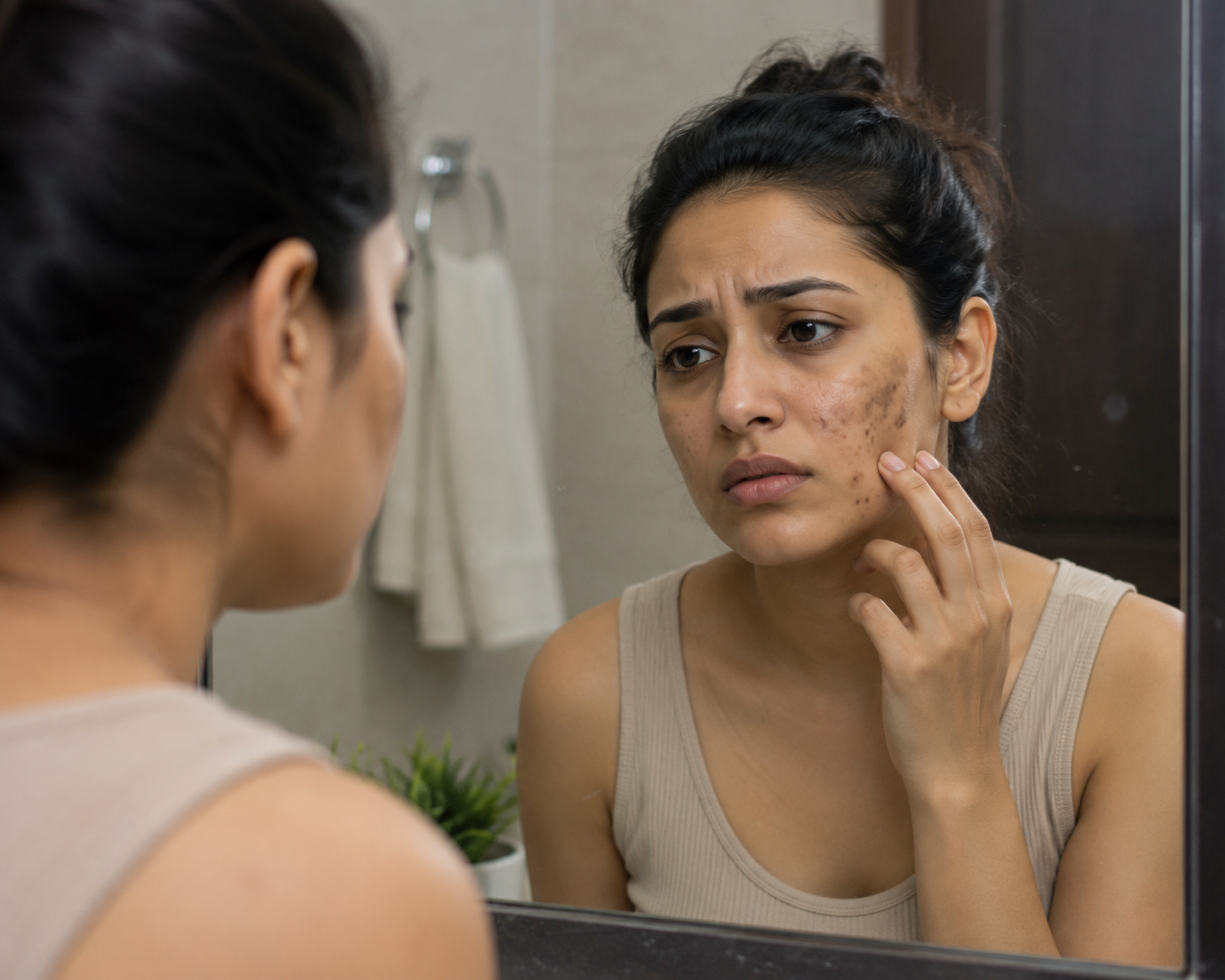 Person looking at persistent dark spots in the mirror