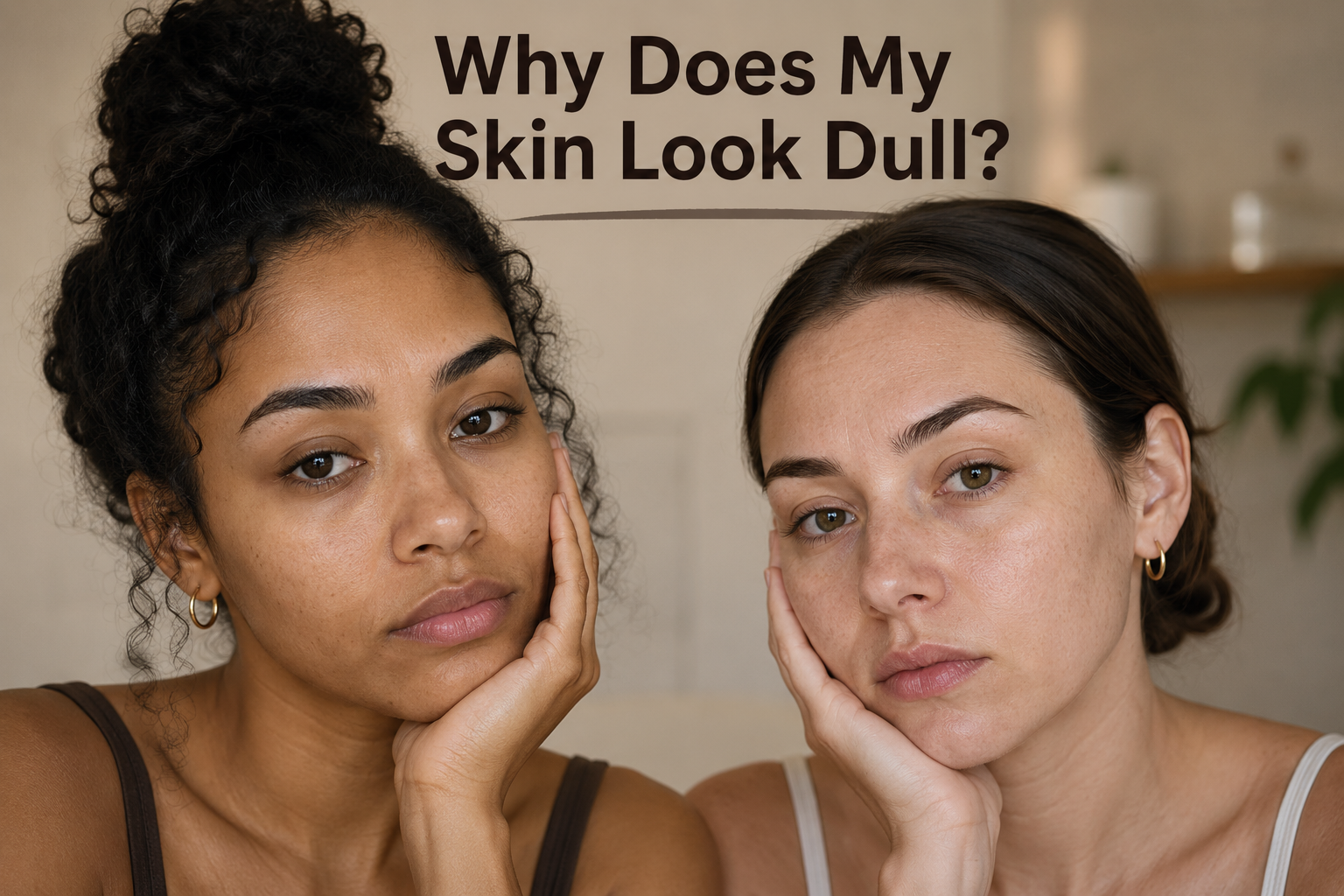 Woman looking at dull skin in a mirror